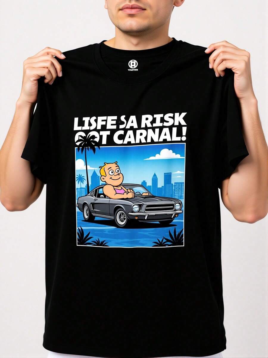 Camiseta Negra de Moda con Diseño Retro de Auto Clásico y Frase Life's a Risk para Hombres Originales - Estilo Urbano Casual Perfecto para el Verano en Playa o Ciudad - Ropa Juvenil México - Negro - Ver 1