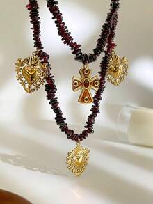 1 pieza Nuevo collar de doble capa con colgante de corazón hueco de acero inoxidable con cuentas de granate asimétrico profundo, accesorio versátil para mujer, otoño/invierno