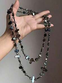 1pc Vintage Necklace, Bohemian Style Colorful Shell Beaded Double Layer Necklace, Retro Luxurious Holiday Long Necklace, Stackable, Assorted Gemstone And Pearl Colors And Shapes - Màu xám đen - Xem 6