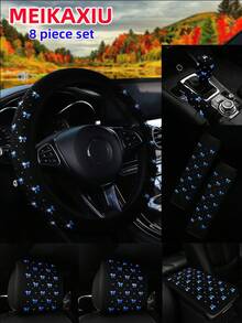 MEIKAXIU Bling Bling Bowknot Foil Decor Car Accessories Set, Including Steering Wheel Cover, Handbrake Cover, Gear Shift Cover, Shoulder Pad, Armrest Pad, Headrest Pad, Cup Holder Mat, Suitable For Women - Gold-stamped Small Bow - View 21