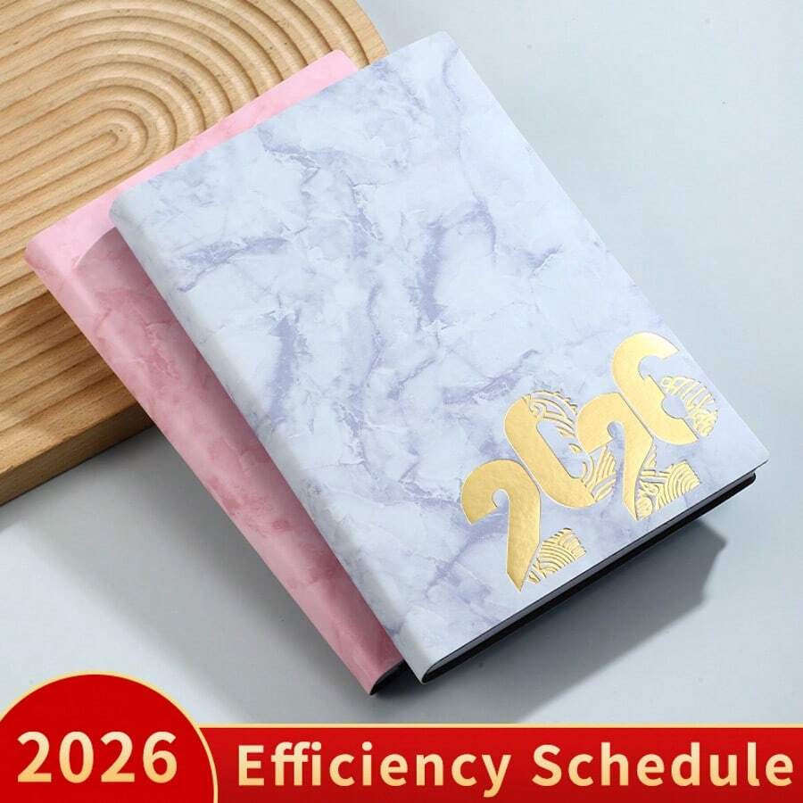 2026 English Version Marble Texture 365 Days Planner Calendar, Efficient & Practical, Soft Leather Notebook - Multicolor - View 1
