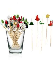 10/100pcs Christmas Wooden Toothpicks - Christmas Bamboo Skewers Set, Holiday Bamboo Picks With Santa Claus, Snowman, Christmas Tree Toppers Decorations, Suitable For Appetizers, Fruits, Cakes, Fruit Cakes, Birthday Parties, Christmas Parties Decorations, New Year Gifts - Multicolor - View 9