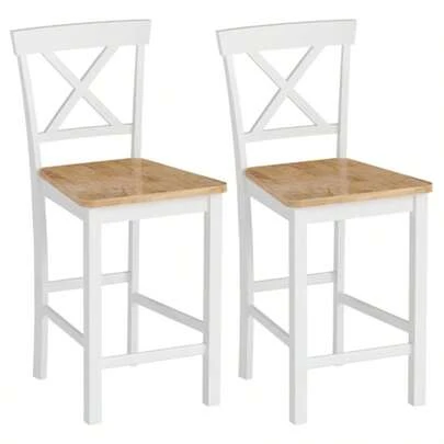 HOMCOM Set Of 2 Bar Stools With Backrest And Footrest, Rubberwood, For Kitchen, Dining Room, Bar, Oak+White