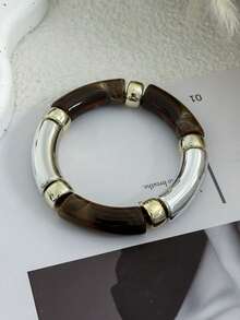 女士亚克力扎染糖果色不对称宽手镯 - 深棕色 - 查看 9