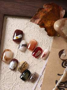 10片亚克力美甲贴片，棕色猫眼光晕白色黑色线条美甲贴片，美甲用品，假指甲，短款日常佩戴假指甲，人造指甲套装包含1张粘合贴片和1个迷你指甲锉。 - 彩色 - 查看 2