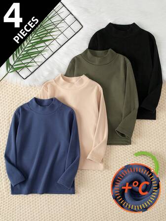 4pcs/Set Thickened Fleece Children Long Sleeve T-Shirts, Casual Versatile Crew Neck Undershirts For Boys, Suitable For 4-12 Years Old, Autumn/Winter
