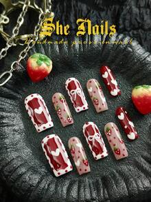 10pcs Baroque Style Acrylic Nail Tips, DIY French Y2K Manicure, Pink, Red, Light Blue, Brown, Shiny Nails, 3D Handmade Starfish & Shell Decor, 3D Hand-Painted Wavy Cherry, 3D Colorful Carved Flower Acrylic Nail Art, Suitable For Christmas, Girls Nail Art Set, Includes Gel Stickers And Nail File - 紅色 - 查看 1