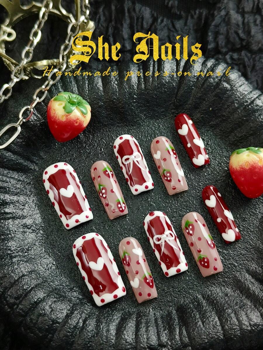 10pcs Baroque Style Acrylic Nail Tips, DIY French Y2K Manicure, Pink, Red, Light Blue, Brown, Shiny Nails, 3D Handmade Starfish & Shell Decor, 3D Hand-Painted Wavy Cherry, 3D Colorful Carved Flower Acrylic Nail Art, Suitable For Christmas, Girls Nail Art Set, Includes Gel Stickers And Nail File - 紅色 - 查看 1