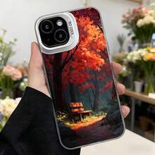 Funda para telefono con diseño de otoño rojo y banco en bosque funda negra con estampado de arboles y hojas caidas ideal para amantes de la naturaleza y estaciones del año Aplicable a los teléfonos de la serie Apple y Galaxy - Negro - Ver 3
