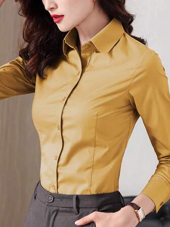 Women's Yellow Formal Shirt, Long Sleeve Office Work Blouse, Business Suit Lining, Spring/Autumn 2025 New Arrival
