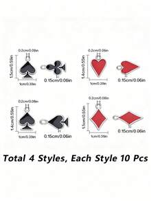 20/40Pcs 4 Styles Playing Card Charms Bulk Poker Charm Alloy Enamel Heart Rhombus Plum Blossom Charm Cute Red Black Charms For Jewelry Making DIY Craft - Silver Bottom - View 9
