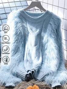 Suéter de manga larga con cuello alto, acento esponjoso, de moda, para primavera y otoño - Azul - Ver 2