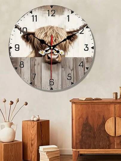[10/12 Inch Silent Wooden Clock] 1pc Highl Cow Daisies Wand Clock, 10/12 Round Non Ticking, Battery Operated, Rustic Farmho Home, Living Room, Kitchen, Bedroom AA Not Included view 3
