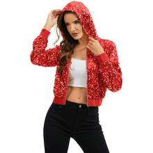 Women's Sequin Zip-Up Hooded Jacket With Ribbed Hem And Long Sleeves For Party Wear - Red - View 5