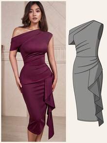 CurvySweet Fashionable Classic Elegant Asymmetric Off-Shoulder Ruffle Drape Fitted Midi Dress, Party Dress - Burgundy - View 7