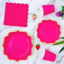 Rose Red & Gold Edged Petal Shaped Disposable Plate, Napkin & Cup Set, Serves 8 Guests, Suitable For Birthday, Wedding, Party, Family Picnic - Multicolor - View 4