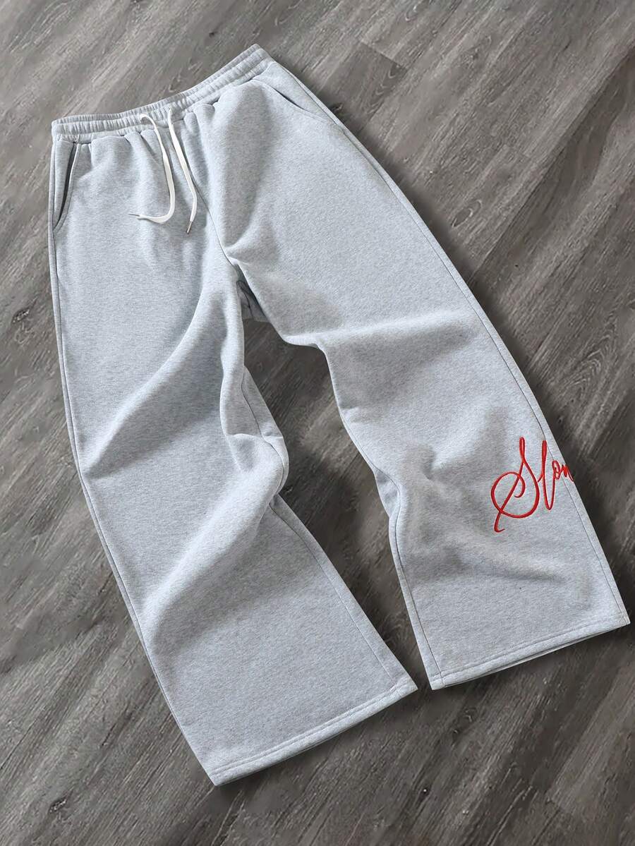 Loose Fit Gray Sweatpants, American Streetwear Style, Relaxed Fit Drawstring Straight Leg Casual Pants, Sports Vibe - Light Grey - View 1