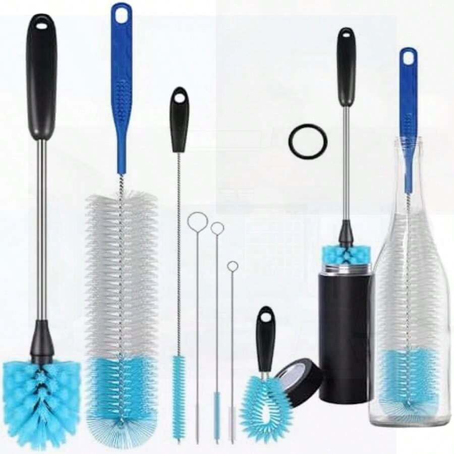 7-Pack Stainless Steel Long Handle Brush Set For Cleaning Narrow Neck Containers & Sink Lids (Beer Bottles, Mugs, Cups, Glasses, Pipe Lids), Blue - 藍色 - 查看 1