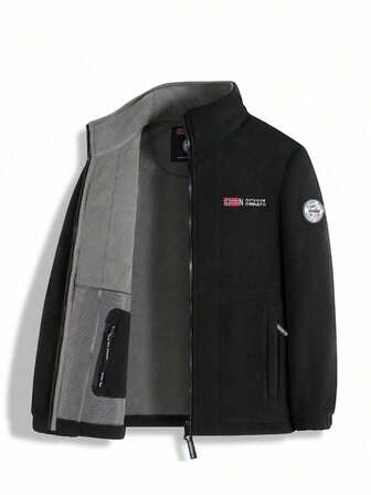 1pc Men's Stand Collar Fleece Jacket,Double Sided Sherpa-Lined Winter Warm Casual Business Couple Coat,Skiing