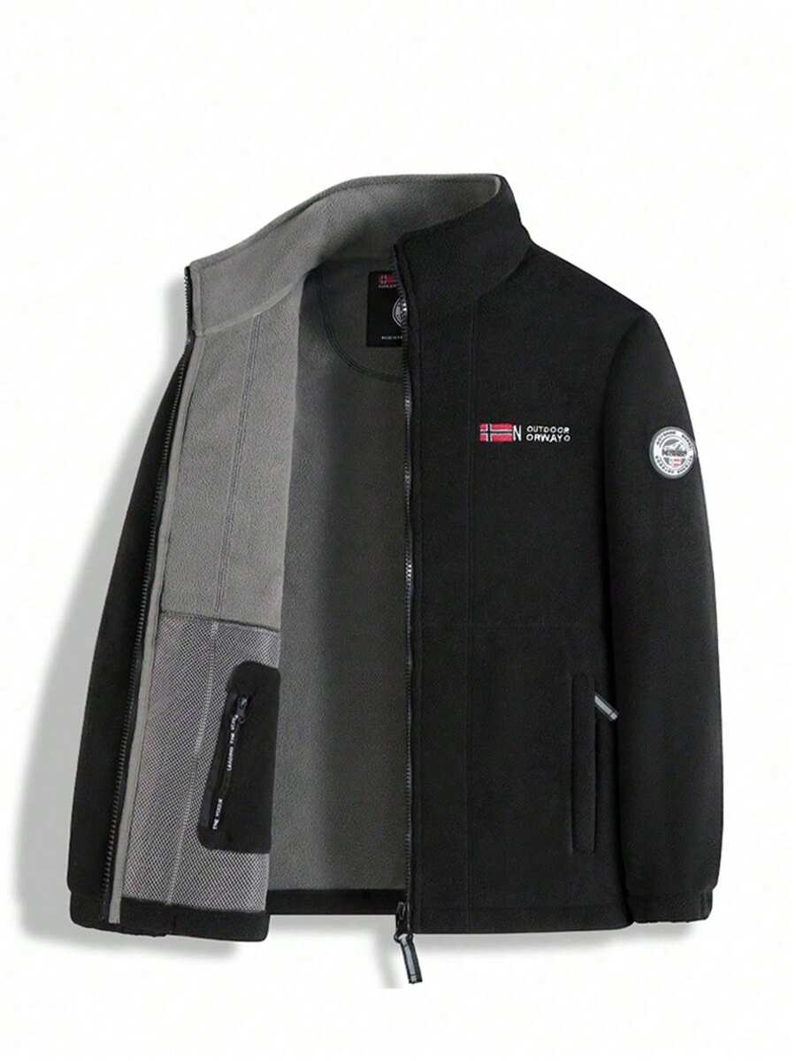 1pc Men's Stand Collar Fleece Jacket,Double Sided Sherpa-Lined Winter Warm Casual Business Couple Coat,Skiing - Black - View 1