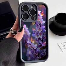 Cubierta de teléfono con borde protector color gris oscuro con estampado de flores púrpuras y mariposas multicolores para uso diario y estilo elegante - Blanco - Ver 3