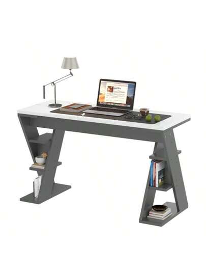 120 50 74 Cm Einfacher Schreibtisch, Schreibtisch Mit Förmiger Halterung, Lagerregal Dry Positionen, Farblich Abgestimmtes In Grau Weiß, Stylish Robust, Wit view 3
