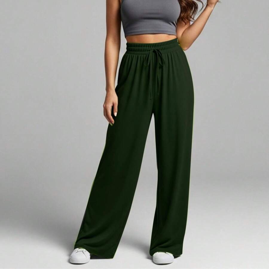Wide Leg Pants With Flare Leg, Sophisticated Fit, Structured Style, High , Contemporary, Casual, Comfortable, Modern, Chic - 軍綠色 - 查看 1
