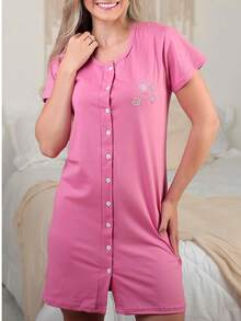 Camisola com Manga e Botões Pós Parto Cirúrgica Amamentação Malha Algodão Americana Blogueira Gestante Senhora Moonlight Mama Maternidade - Rosa - Visão 5