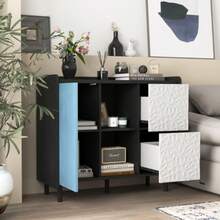 Aparador buffet, armário preto com portas azuis, 2 gavetas com painel único e 2 compartimentos abertos, armário bar de café moderno, armário lateral para cozinha, sala de jantar - Azul - Ver 8
