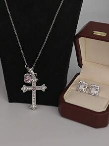 3-Piece/Set Rhinestone Cross Pink Square Pendant Necklace, Square Zirconia Earrings, Necklace And Earring Jewelry Set, Stylish And Luxurious Silver Necklace And Earring Jewelry Set, Suitable For Women's Everyday Wear, Perfect For Dates, Parties, Holidays And Jewelry Gifts. - Bạc - Xem 10