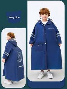 儿童带帽雨衣，带背包储物空间 - 绿松石色 EVA 全身雨衣，适合男孩和女孩，可重复使用，弹性袖口，拉链闭合，小熊和“RAIN BEACH”图案，非常适合上学、户外活动和休闲穿着。