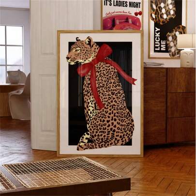 1pc Red Cheetah Bow Wall Art Red Wall Art Red Fashion, Black And Red Poster, Preppy Poster, Retro Vintage, Aesthetic Decor Bedroom Leopard Print Posters Canvas Painting Wall Arts Room Home Decoration Unframed