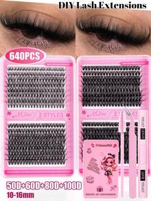 MEM 640pcs Eyelash Extension Kit, DIY Eyelash Extension Set, Individual Eyelash Clusters, D-Curl, Eyelash Extension Kit Includes Eyelash Glue, Eyelash Remover, Eyelash Fixer And Eyelash Applicator Brush, Easy To Self-Apply At Home (10D+20D+30D+40D/30D+40D+50D+60D/50D+60D+80D+100D). Eyelash Extension Kit, Suitable For Travel, Daily Wear (Suitable For Beginners), Wedding, Date, Party, Holiday, Also Great As Christmas/Halloween/Gift Eyelash Set. - 黑色 - 查看 2