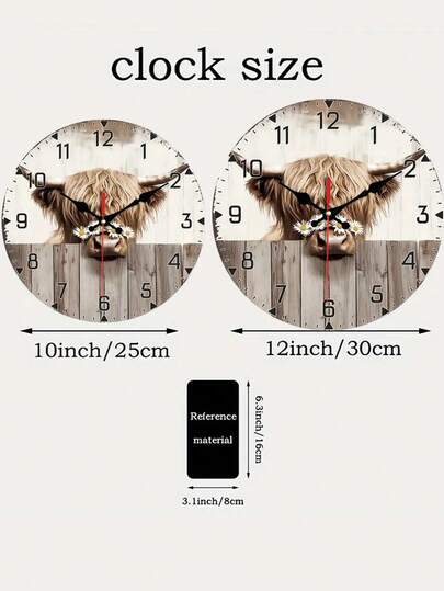 [10/12 Inch Silent Wooden Clock] 1pc Highl Cow Daisies Wand Clock, 10/12 Round Non Ticking, Battery Operated, Rustic Farmho Home, Living Room, Kitchen, Bedroom AA Not Included view 6
