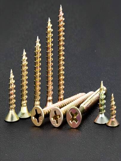 Conjunto de 120 parafusos autoatarraxantes M4 de aço carbono grau 8.8, com rosca completa, cabeça chata e revestimento de zinco colorido, nos diâmetros 16/20/25/30/35/40/45/50 mm. Adequados para madeira, MDF e drywall. Ótima opção de presente para homens.