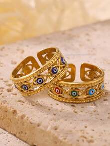 1PC Colorful Enamel Evil Eye Rings For Women Gold Color Stainless Steel Retro Geometric Evil Eye Ring Wedding Christmas Jewelry Gift - Multicolor - View 9