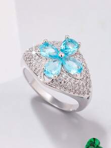 1pc Elegant Luxury Women's Ring, Inlaid With Sparkling Cubic Zirconia Flower Shaped Ring, Suitable For Festivals/Yoga/Parties/Birthdays/Anniversaries And Other Fashion Jewelry - Blue - View 4