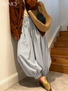 Damen weiß gestreifte Harem-Hose mit Vorderbindung, weite nepalesische Bein-Hose, Gummibund mit Kordelzug, lässige Hose, leichter atmungsaktiver Stoff, schlankend und beinverlängernd, geeignet für Frühling, Sommer, Herbst Lässig-Wear, Straße, Urlaub, Einkaufen, Hip-Hop Party