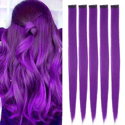 Extensiones de cabello sintéticas morado vibrante para clip | Postizos de cabello liso y largo | Aumento instantáneo de longitud y volumen del cabello para fiestas, cosplay y transformación del estilo diario
