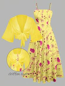 Bộ 2 món váy và áo khoác chiffon hoa thanh lịch dành cho nữ, trang phục lãng mạn cho buổi hẹn hò và kỳ nghỉ xuân. - Màu vàng - Xem 4