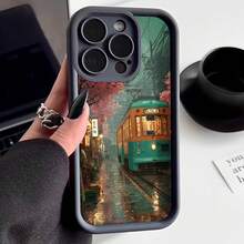 Cubierta de teléfono con borde negro diseño tren japonés en calle mojada con flores de cerezo y farolas estilo anime para uso diario y viajes - Burdeos - Ver 1