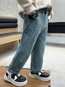 男童弹力腰带柔软牛仔裤，时尚春季裤装，适合幼儿和小童 - 淺藍色 - 查看 2