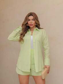 Imported Women's Linen Shirt /Button/Lining/ /Women's, 2-Piece Shirt/Shorts With Elasticated Lining - 薄荷綠 - 查看 4