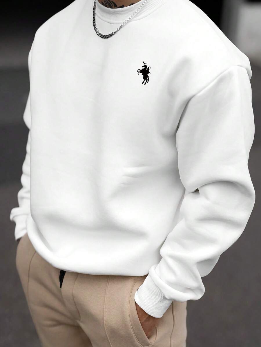 Men's Casual Everyday Commute Minimalist Versatile Horse Print Crew Neck Sweatshirt, Spring/Autumn - White - View 1