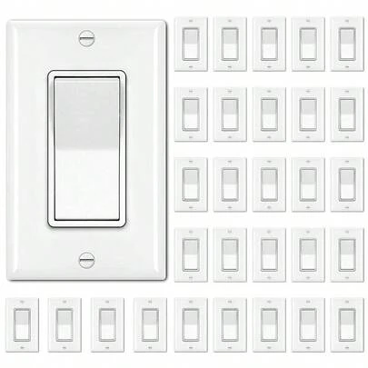 30 Pack Single Pole Decorator Light Switch Rocker Paddle Wall Switch For Home And Office Lighting Control On/Off Interrupter With Wall Plate Suitable For 15A 120/277V Circuits UL Listed Safety Certification White Finish For Seamless Interior Decoration