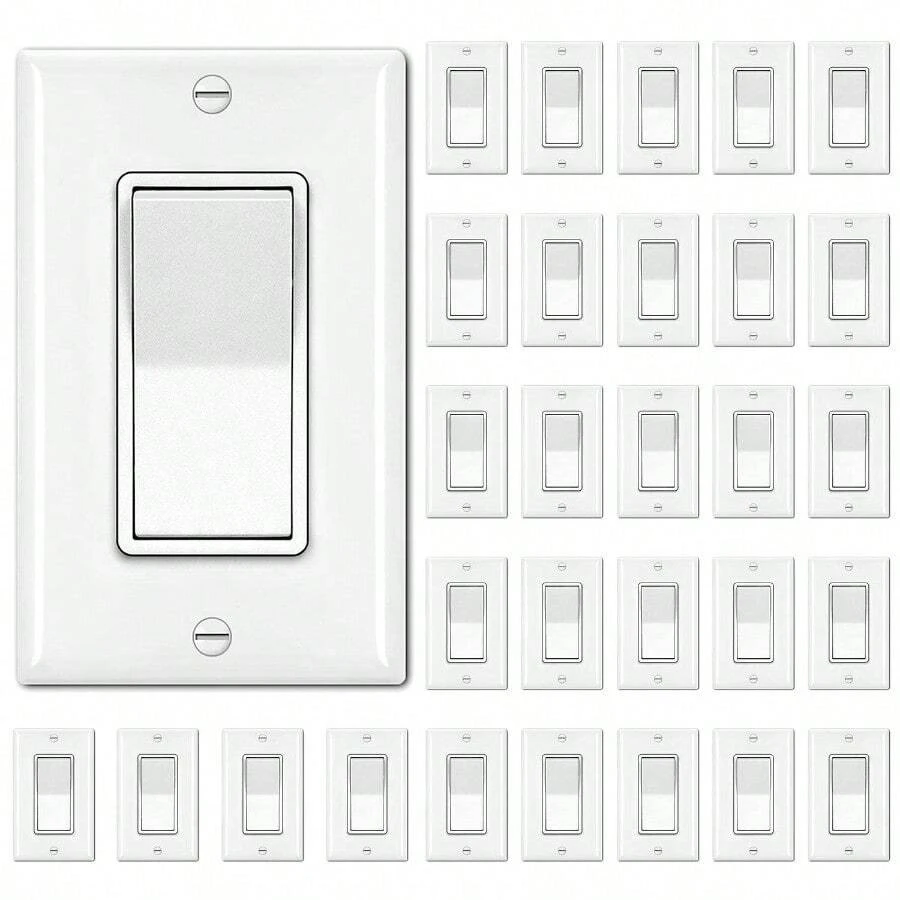 30 Pack Single Pole Decorator Light Switch Rocker Paddle Wall Switch For Home And Office Lighting Control On/Off Interrupter With Wall Plate Suitable For 15A 120/277V Circuits UL Listed Safety Certification White Finish For Seamless Interior Decoration - SinglePole - View 1