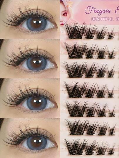 80簇免胶仿貂毛假睫毛，无需胶水即可轻松DIY化妆，节省时间。C型卷翘，长度7-13毫米，自然蓬松浓密纤长，打造3D立体闪亮双眸。柔软舒适，自然丰盈，妆效惊艳。轻盈可重复使用，完美妆容之选。是送给女友、家人、节日庆典的理想礼物。适合K-Pop舞台、圣诞派对和约会之夜等场合。自然逼真的假睫毛，手工制作，自然美睫，狐狸眼睫毛。