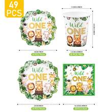 Jungle Green Rim Animal Petal Shaped Disposable Plate, Napkin, Cup Set, Plates, Napkins And Cups Party Supplies, Serves 8 Guests, Disposable Paper Plates Party Tableware Suitable For Birthday, Wedding, Theme Party, Family Picnic - Multicolor - View 1