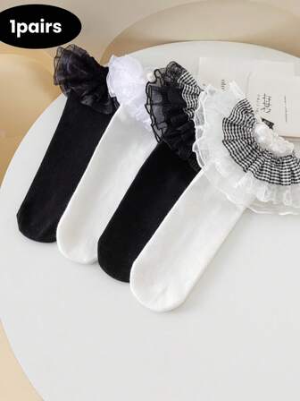 1 Pair Women's Lace Trim Crew Socks, Assorted Styles, Suitable For Spring/Autumn, Korean/Mori Girl/Kawaii Fashion, Pair With Loafers/Ankle Boots