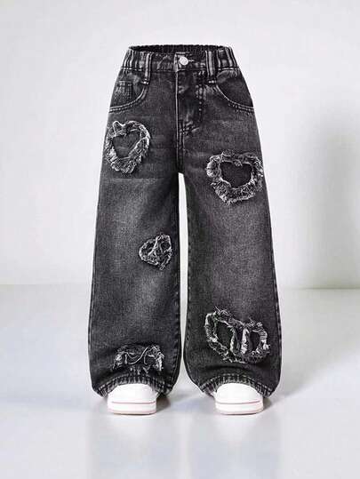 少女口袋休闲宽松爱心刺绣直筒牛仔裤